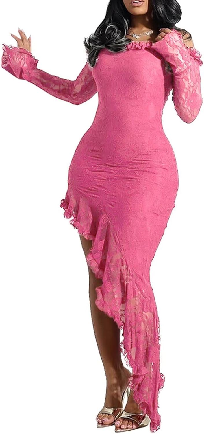 Women's Sexy Off The Shoudler Lace Mesh Dress Ruffles High-Low Dresses Sexy Bodycon Cocktail Dress
