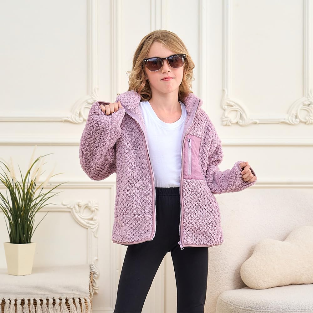 Girls Fleece Jackets Fuzzy Sherpa Coats Soft Light Kids Outerwear Full Zip up Sweatshirt with Pockets 5-14 Year - Image 3