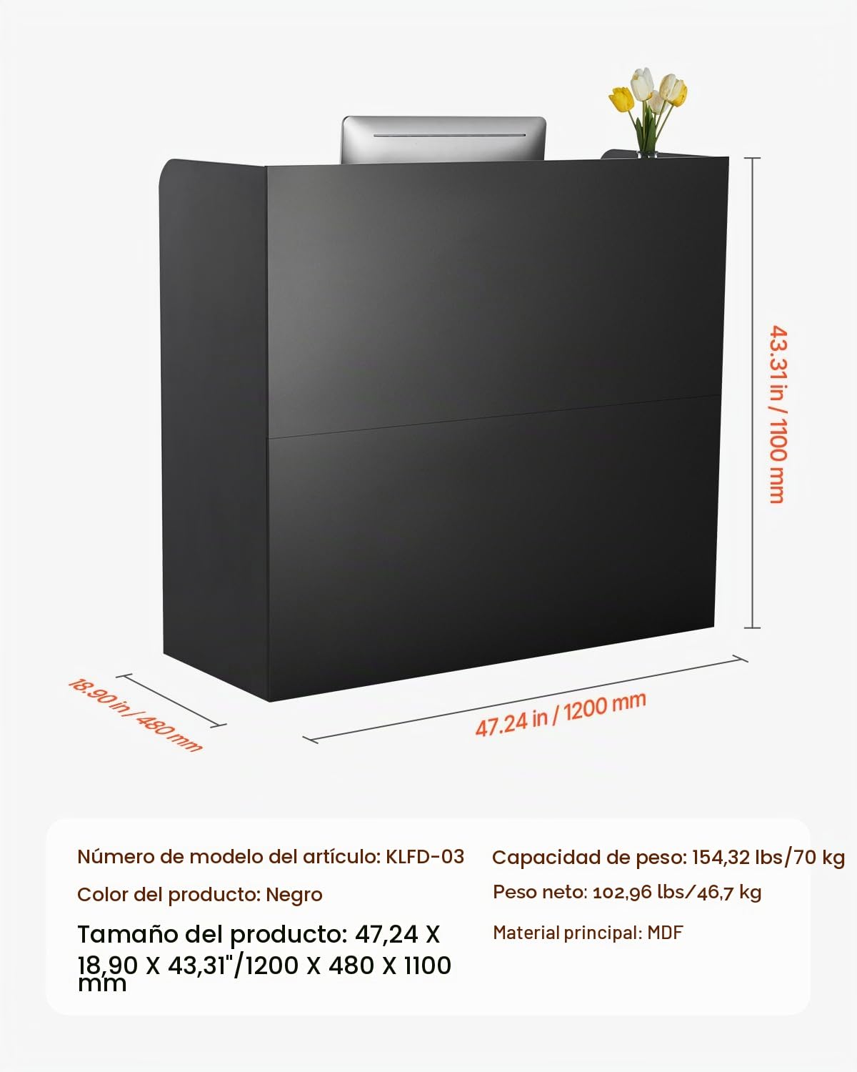 VEVOR Mostrador de Recepción 120x48x110 cm Mesa de Mostrador Frontal Rectangular Material Principal de MDF Mostrador de Venta Minorista para Caja, Vestíbulo, Salón de Belleza, Oficina, Negro