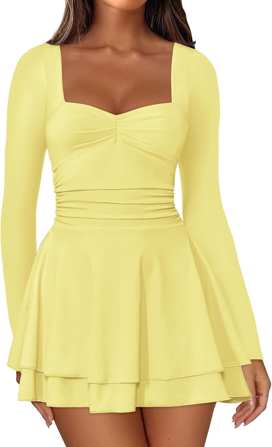 IWD Women's Square Neck Long Sleeve Mini Dress Ruched Corset Waist Tiered Ruffle Hem A Line Short Party Dresses