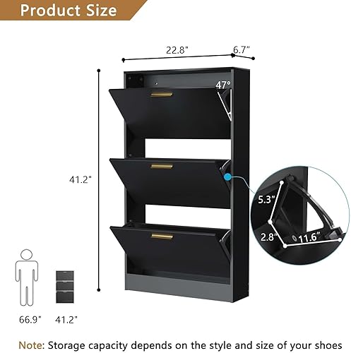Miniatura 2 de Armario de zapatos para entrada delgado y estrecho con 3 cajones abatibles, almacenamiento oculto de madera para zapatos, armario organizador de