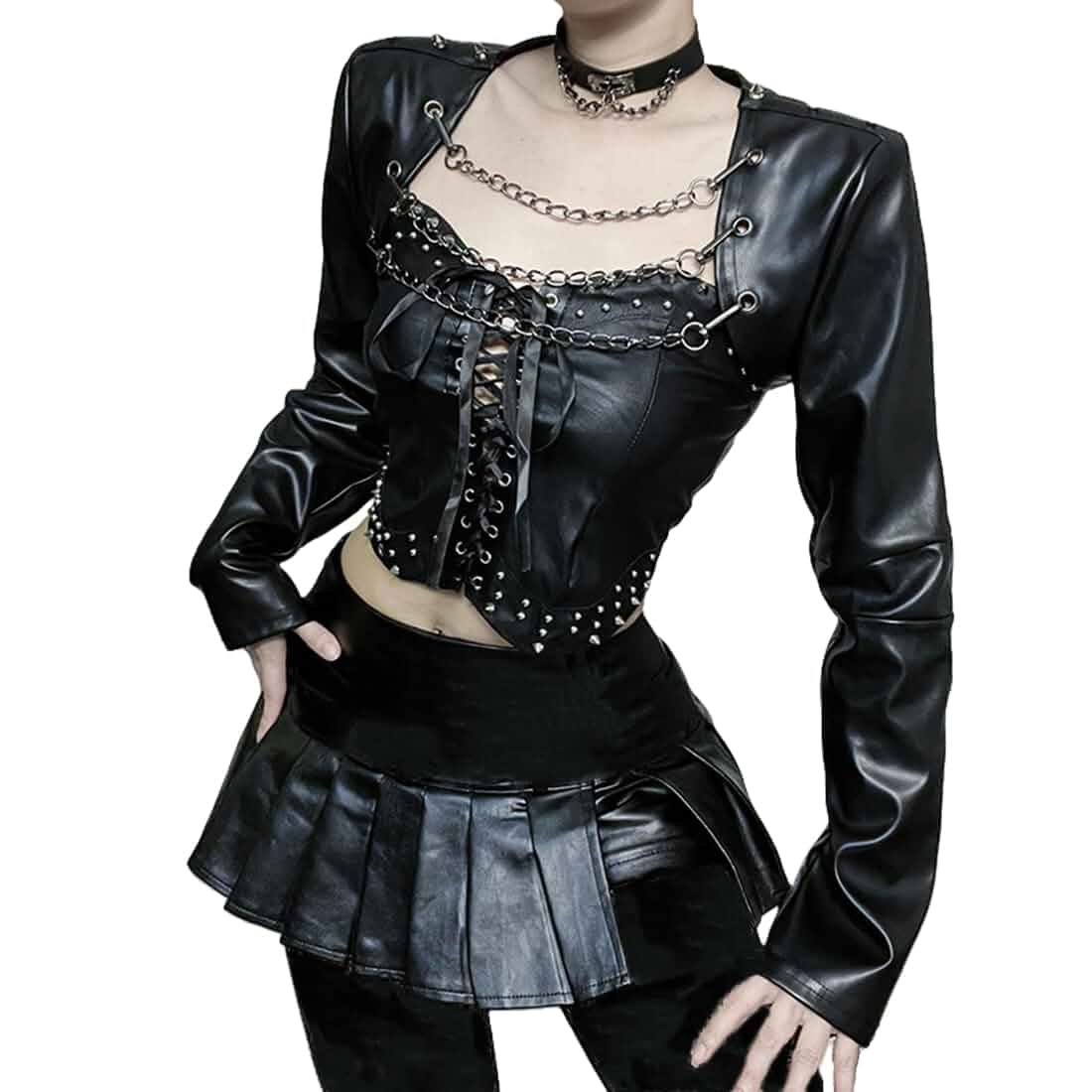 Goth Punk Leather Cropped Bolero Shrug Grunge Gothic Women Long Sleeve Chain Cardigan Crop Top Long Sleeve
