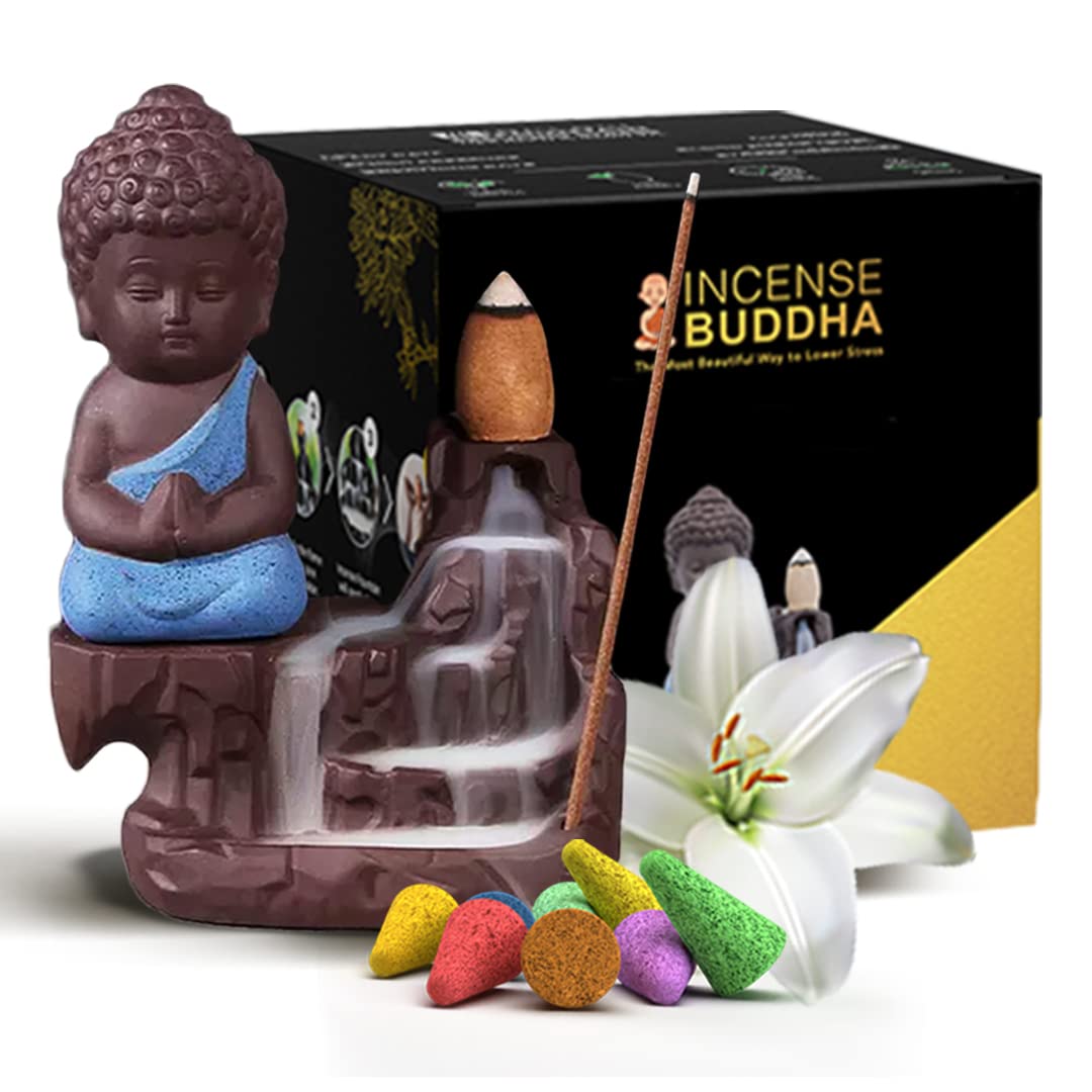 Inscents Buddha AS-SEEN-ON-TV Ceramic Incense Holder Cone Burner with Backflow Design Ornament Home Decor Aromatherapy for Spa Office Bedroom Yoga +50 pcs Essential Oil Dipped Scented Incense Cones