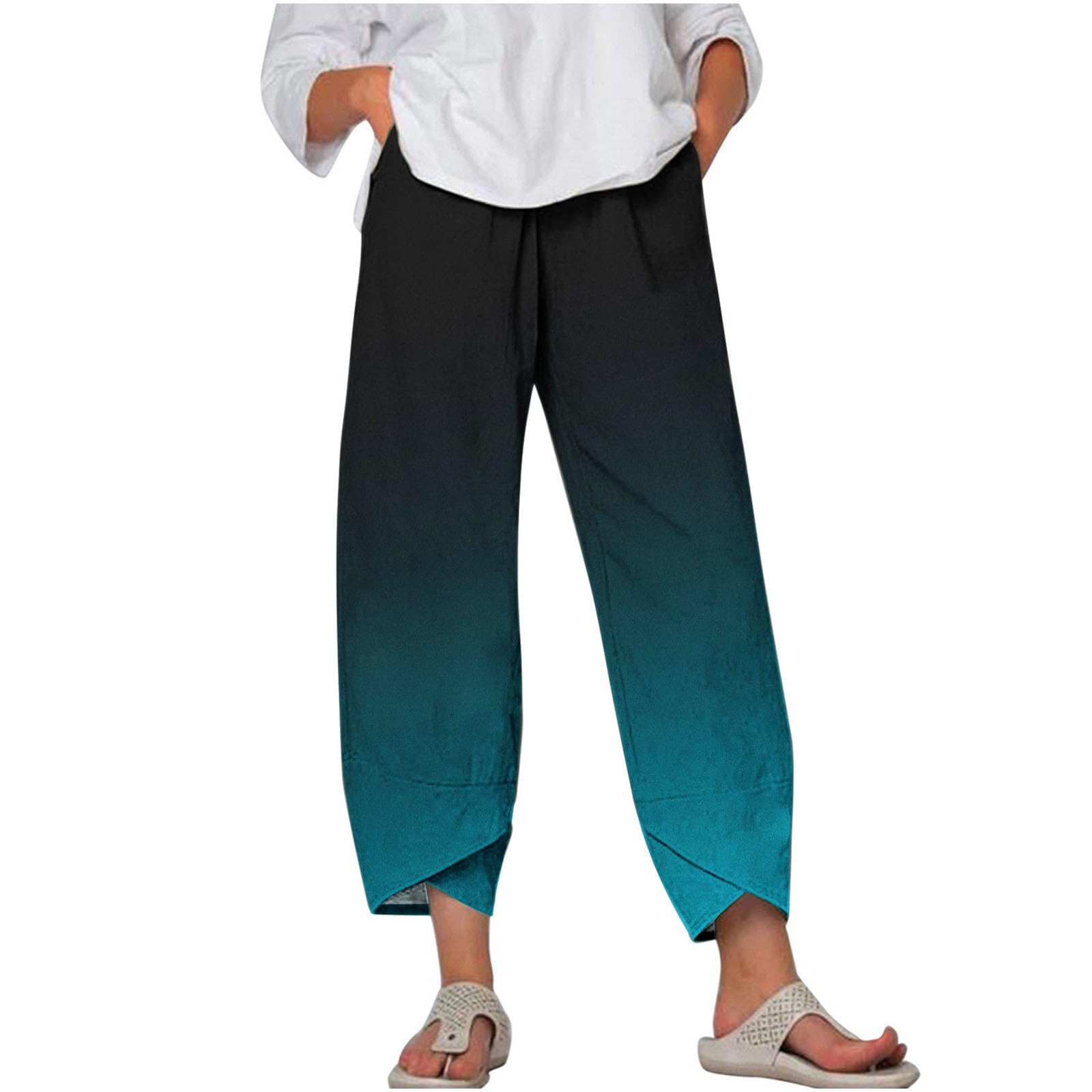 7/8 Hosen Damen Sommer Musselin Leinen Damen Hose Leinen Baumwolle Farbverlaufsdruck Sommerhose Casual Leichte Bequeme Luftige Freizeithose Strandhose Mit Taschen Stretch High Waist mit Kordelzug