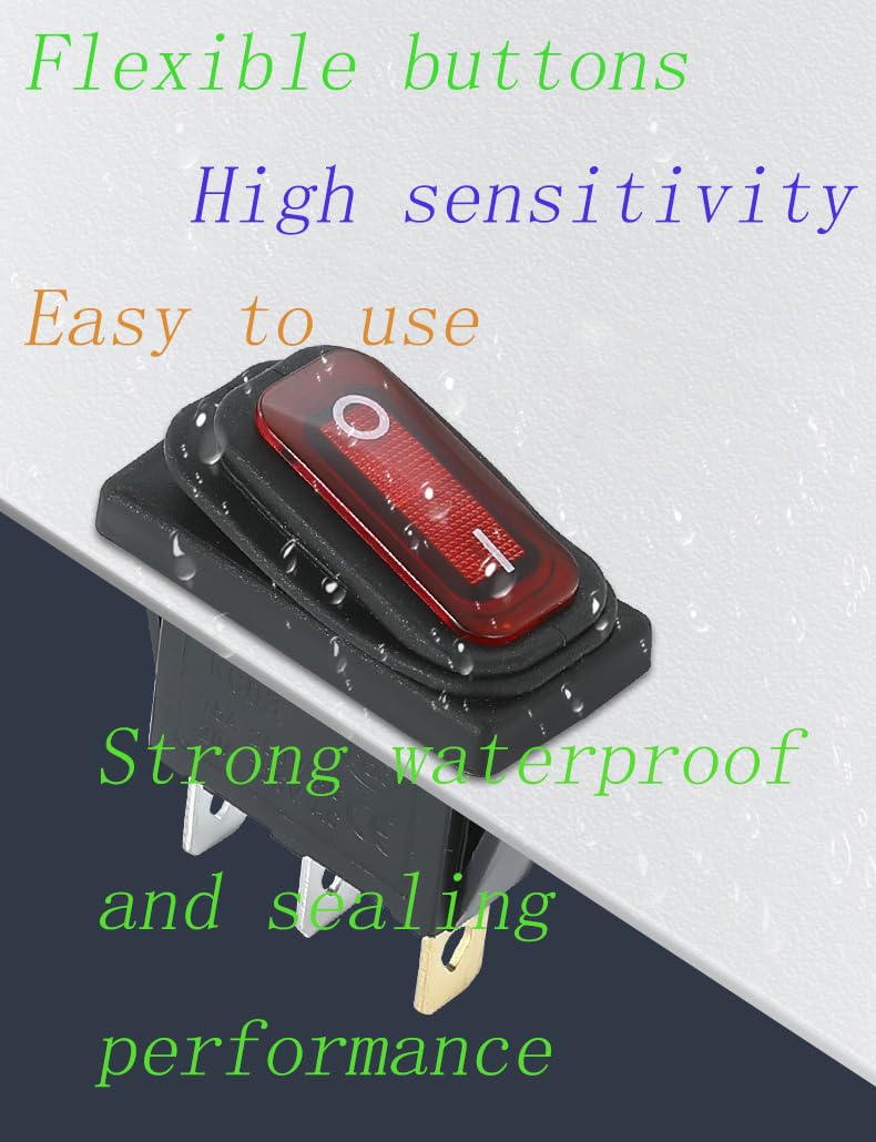 20A 125V AC 3 pin 2 Position Waterproof Red Lighted Rocker Switch | For Vacuum Cleaner,Treadmills,Coffee maker,Lawn mower,Snow blower