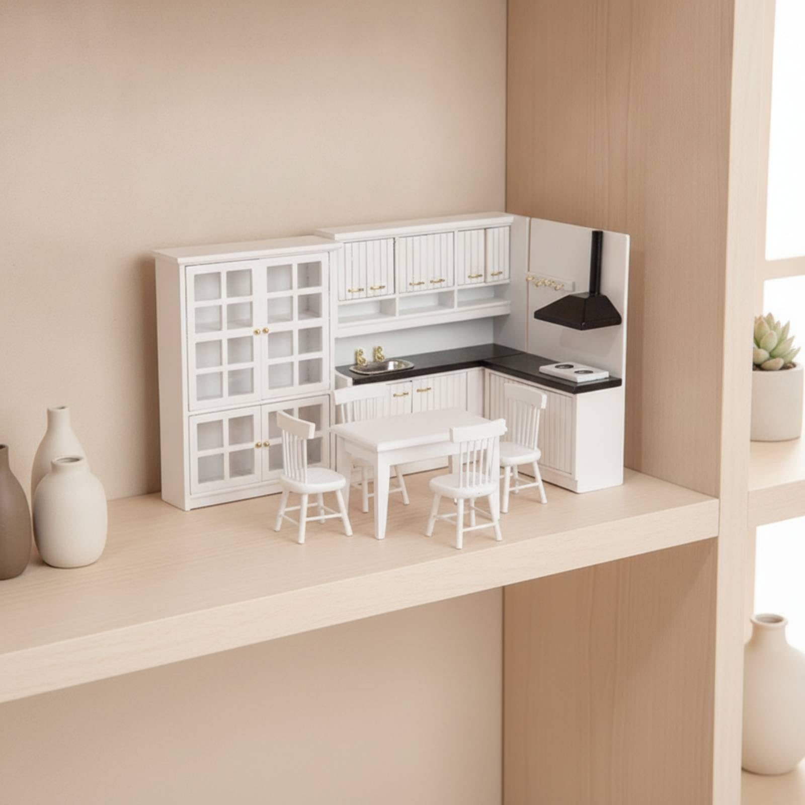 Mobili da Cucina in Miniatura Realistico Set di Mobili da Cucina Decorativo Set Pranzo in Miniatura per Collezionisti, Bambini, Casa delle Bambole, Bianco