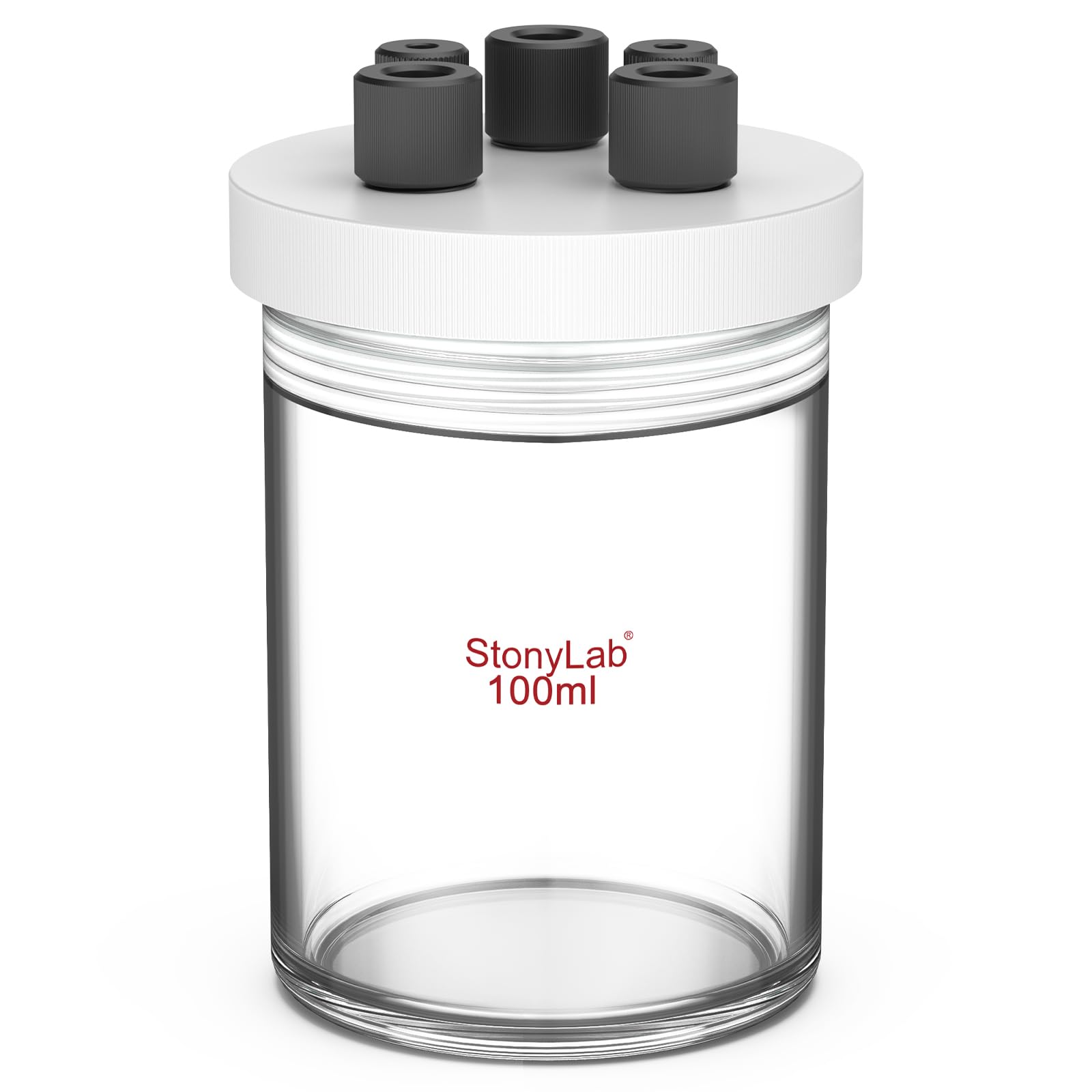 stonylab Single Chamber Electrolytic Cell, Borosilicate Glass Sealed Electrolytic Cell Electrochemical Cell Kit Reactor Electrolyzer with 5-Hole PTFE Lid, No Electrode Included, 100 ml