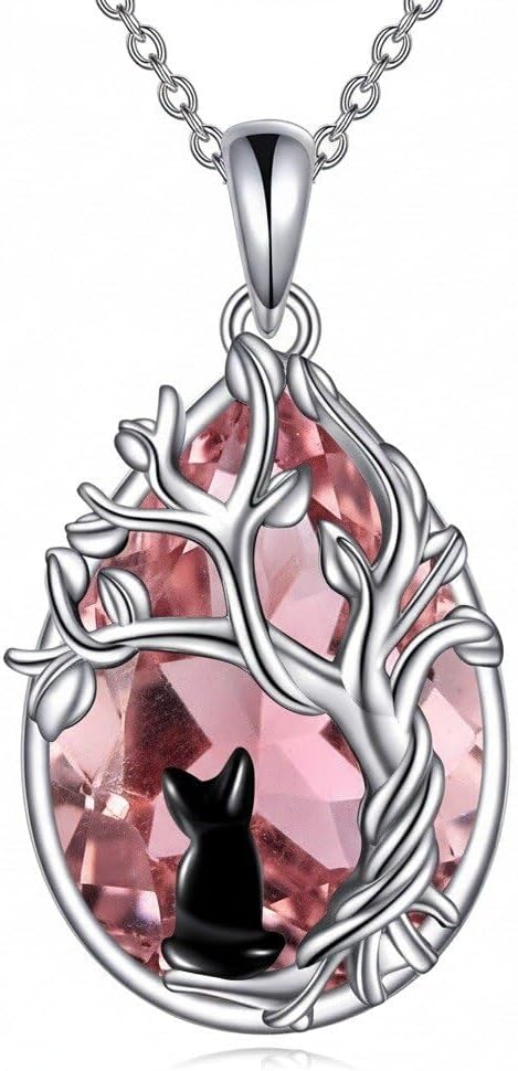 Celtic Filigree Tree Cat Necklace for Women Gemstone Jewelry Gifts