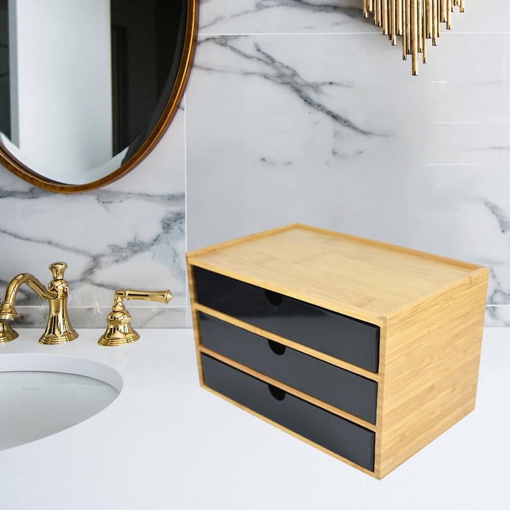 Organizador de escritorio de tres capas con cajón almacenamiento escritorio. Solución almacenamiento eficaz para el hogar y la oficina. Organizador tres capas para, negro, 3