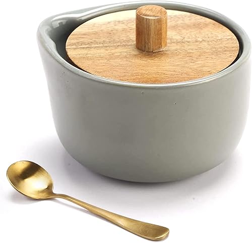 everous Caja de sal (gris) Caja de sal de diseño elegante cajas decorativas de gran capacidad, base de cerámica gris madera