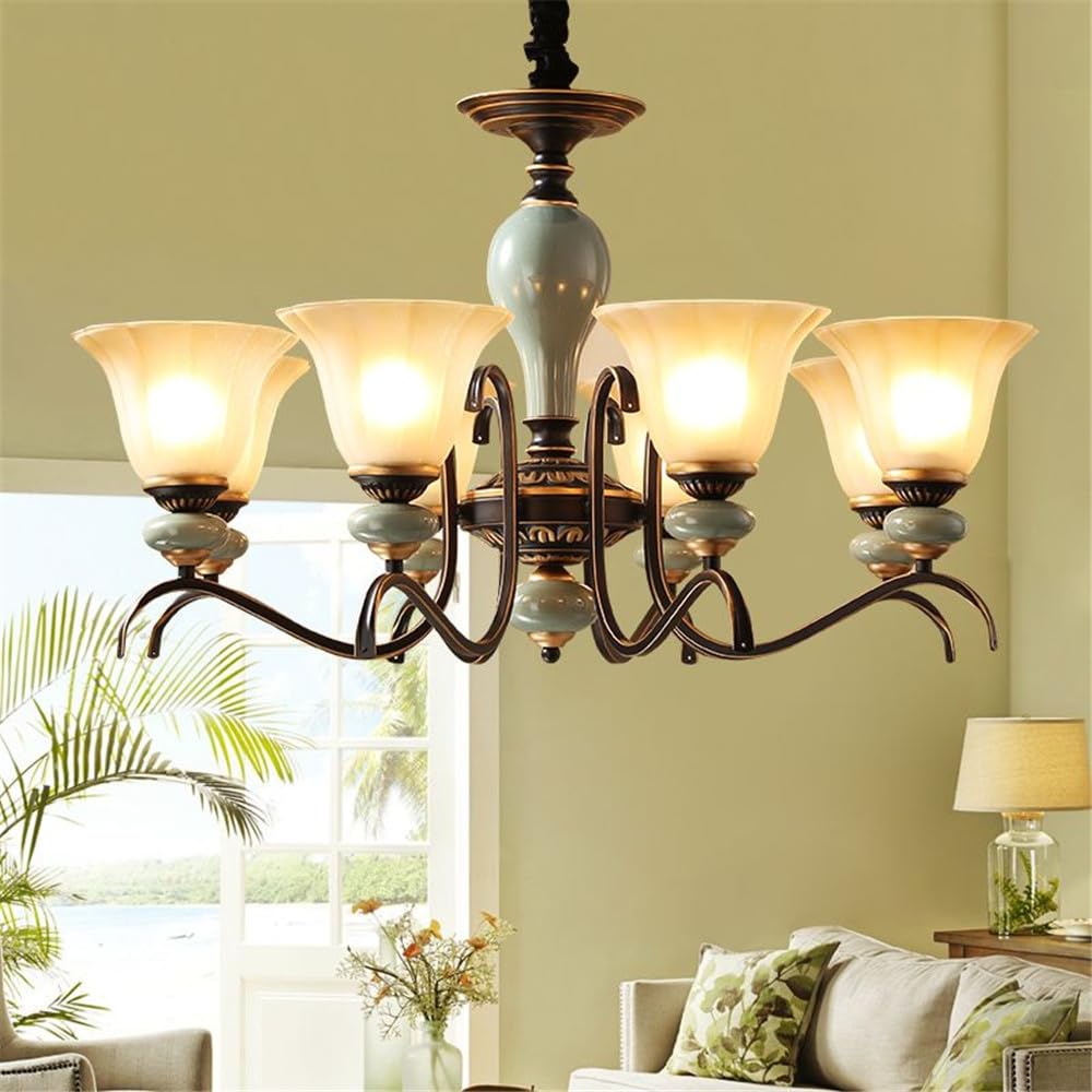SXECAEPS European Luxury Living Room Chandelier American Retro Ceramic Restaurant Bedroom Study Hotel Villa Cafe LED Pendent Lamp (Q 6 hts)