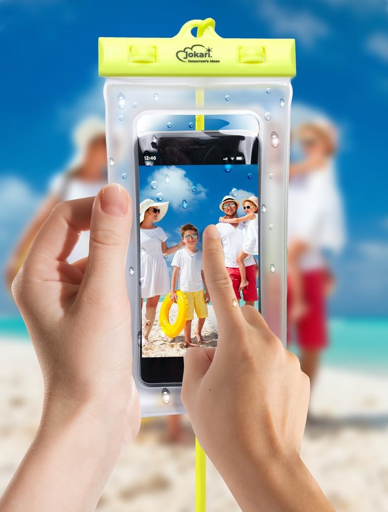 Jokari Waterproof Floating Phone Case with Neck Strap and Emergency Whistle. Use Touchscreen and Bluetooth in Pouch, Keep Your Phone Dry and Stay Safe on Boating Adventures (1) Clear