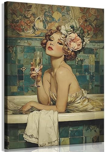 Vintage Bathroom Canvas Wall Art Woman With Champagne Picture Wall