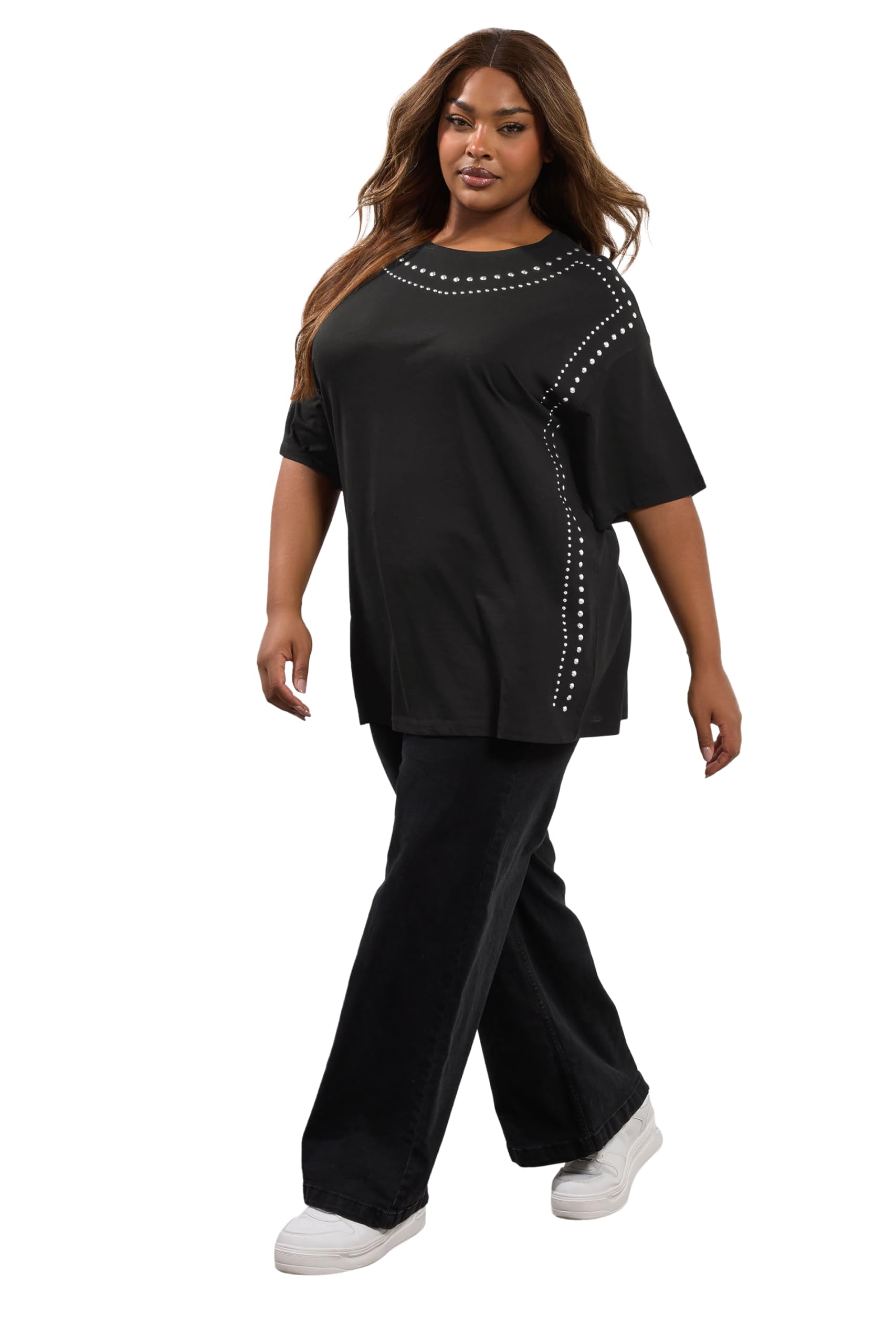 Yours Women's Black Curve Studded Oversized T-Shirt - Plus Size Curve