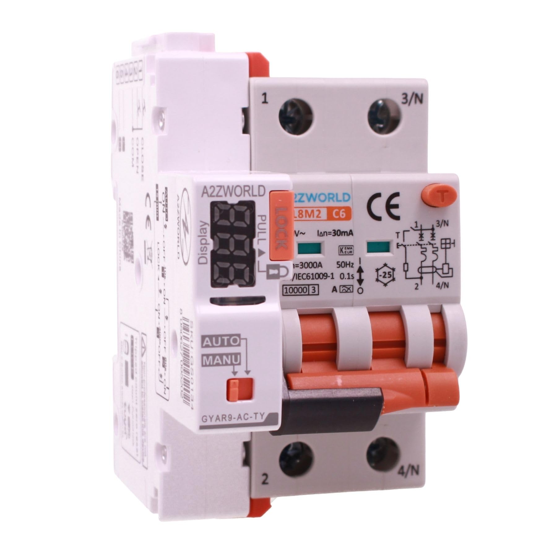 Interruptor magnetotérmico diferencial WIFI con reinicio automático, RCBO tipo A curva C, Idn 30mA / 0.03A, In 6A, APP Tuya Smart Life, 2P hasta 6kA, 3 módulos, control remoto y manual