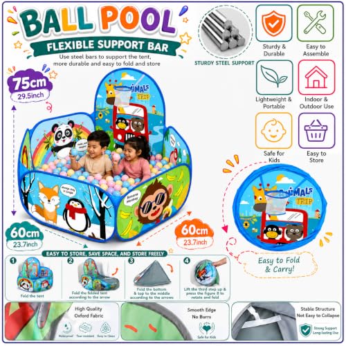 Image of Magicwand Toddler X-X-Large Size Polyster Multi-Colored Animal Theme Pop-Up Activity Ball-Pool with 10 Balls Play Tent