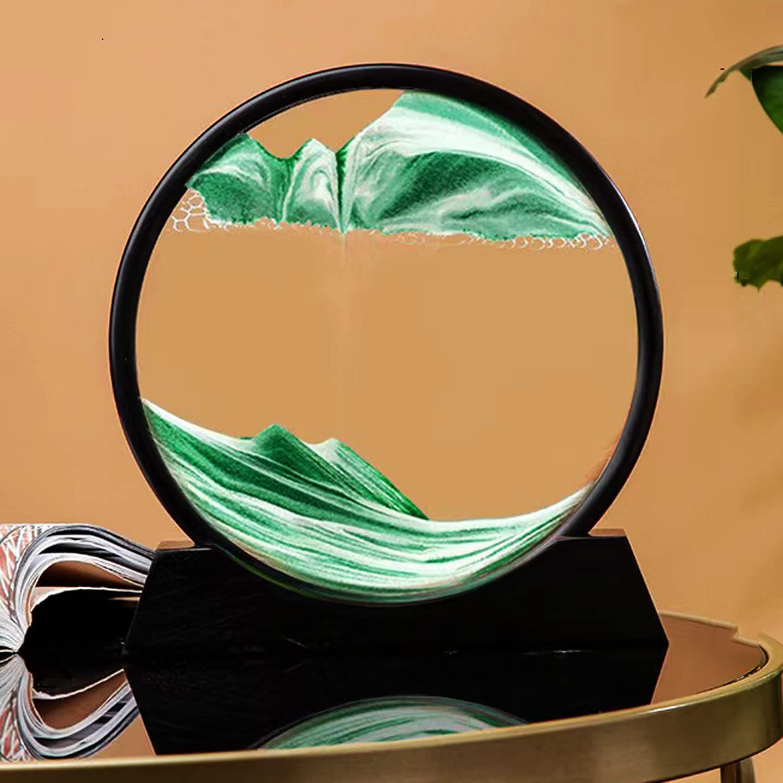 Yinhamnl Sand Art Liquid Motion, 3D Hourglass Deep Sea Sandscape, Moving Sand Art Picture Round Glass Display Flowing Sand Frame, 3D Colored Quicksand Decor Relaxing Desktop Home Office (Green)