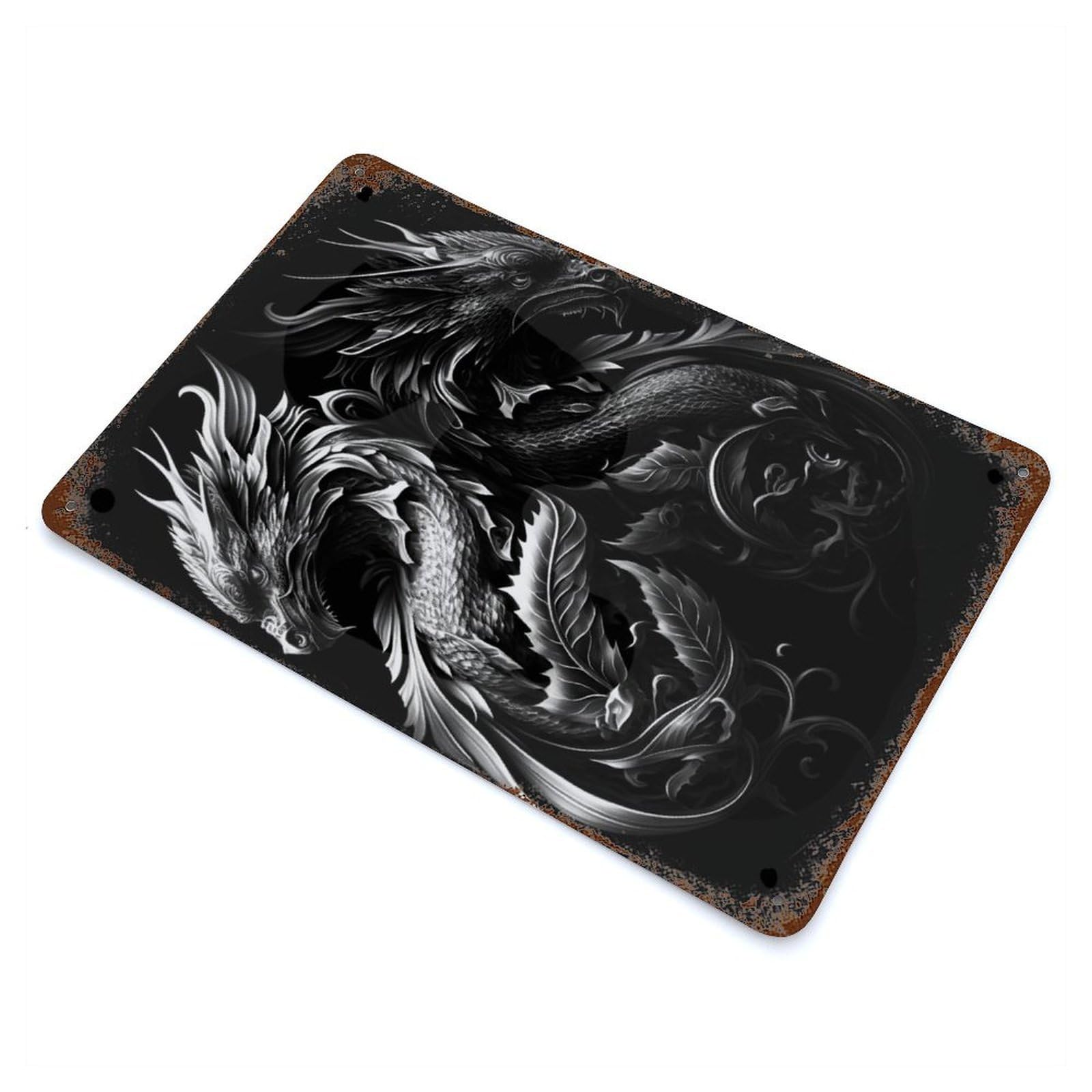 Black White Dragon Rustic Tin Plaque 11.8"x7.9", Farmhouse Wall Decor for Shed, Workshop And Garage Wall Decor