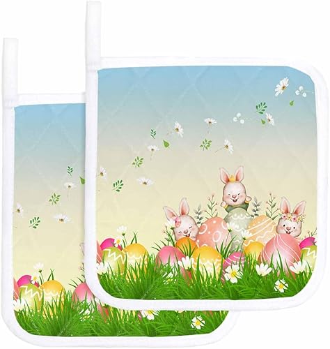 2 Packs Flowers Bunny Pot Holders Sets for Kitchen,Oven Pan Plate Bowl Pads Heat Proof Mat with Hanging Loop,Terry Cloth Potholders Soft Grip for