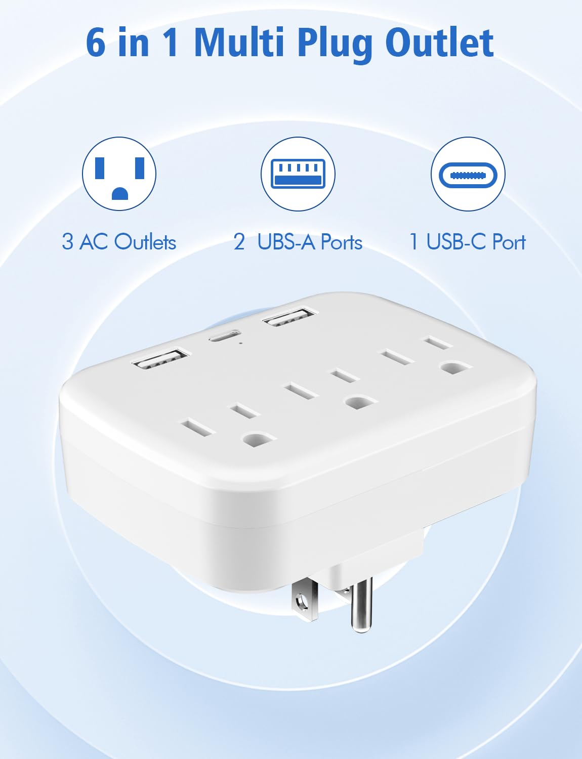 Citelect Multi Plug Outlet Extender, Surge Protector, Electrical Wall Splitter with 3 AC Outlets & 3 USB Ports (2 USB-A + 1 USB-C), Plug Adapter for Home/Office/Hotel/Travel, White(1 Pack)
