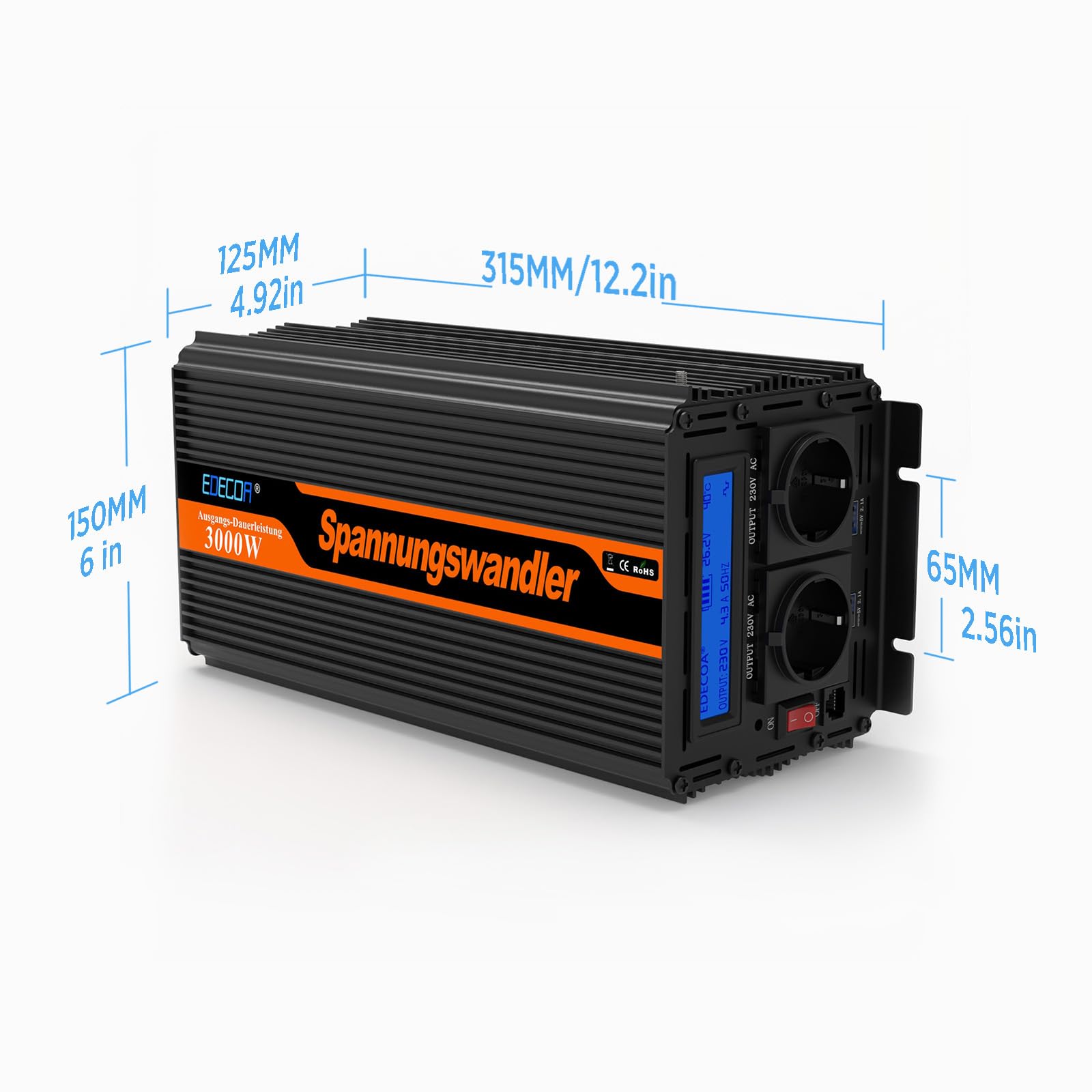 EDECOA 3000 W / 6000 W, inverter sinusoidale modificato 24 V/230 V, potenza nominale 3000 watt da 24 V CC a 230 V AC inverter solare con telecomando, interfacce USB e tipo C disponibili