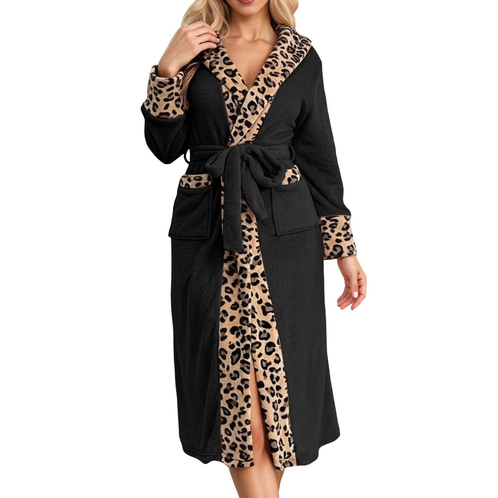 Generisch Accappatoio da donna con stampa, in flanella, a maniche lunghe, termico, elegante, loungewear, kimono, vestaglia da casa per comfort a casa