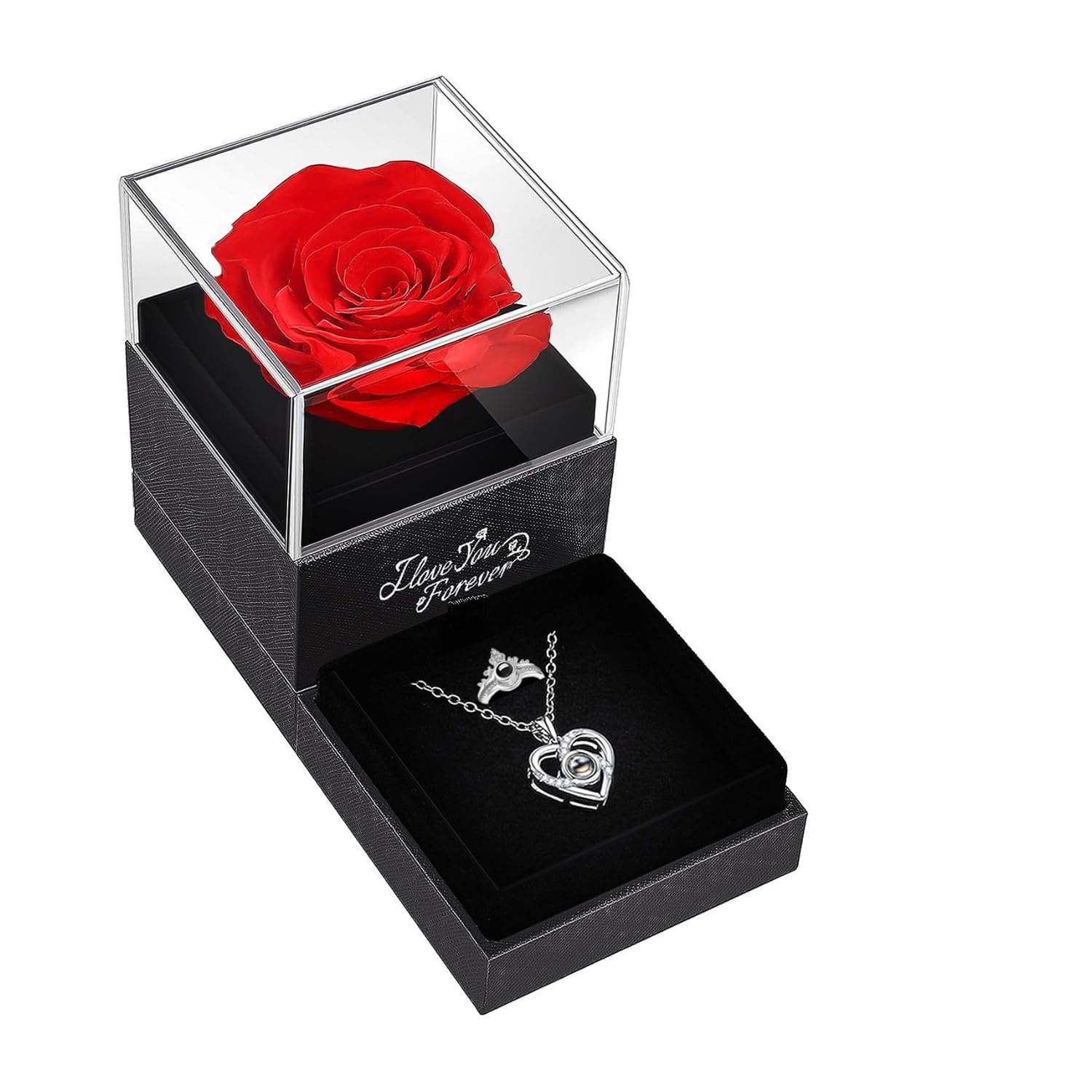 Preserved Real Rose with Necklace I Love You in 100 Languages - Eternal Flower for Mom, Girlfriend Or Wife - I Love You Gift for Mother's Day
