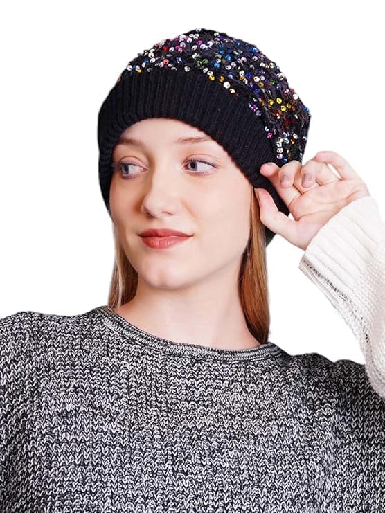 kindertales Women Sequin Knitted Beanie Cap with Faux Fur Pom-Pom | Shiny Velvet Woolen Winter Hat | Sparkling Fashion Bling Cap for Party, Christmas & Gift for Women & Girls Black-picture-30