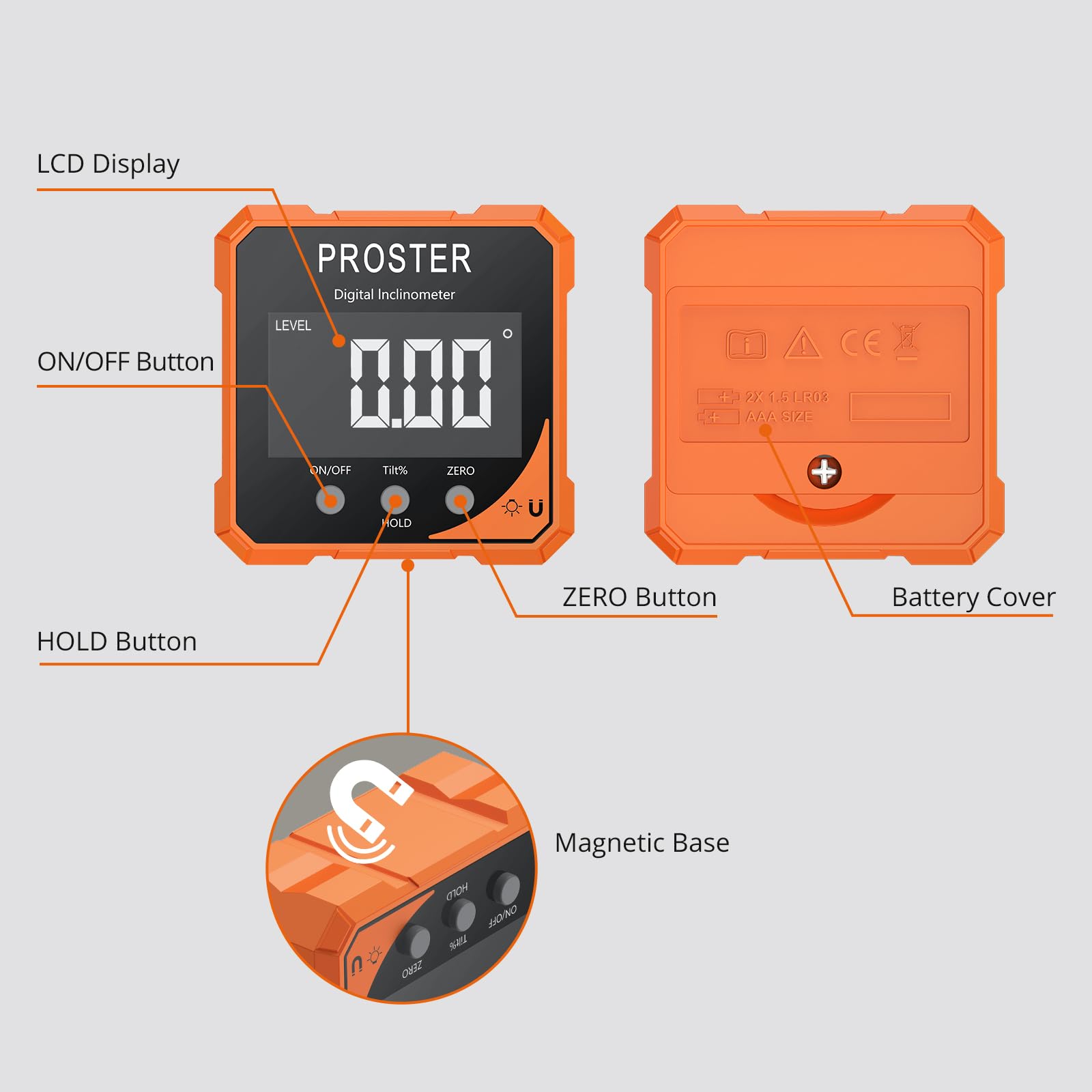 Proster Inclinómetro Digital con 4 Lados Magnéticos Nivel Digital 4x90° con Pantalla LCD VA IP54 Impermeable Buscador de Ángulo Digital para Carpintería Trabajos en Madera