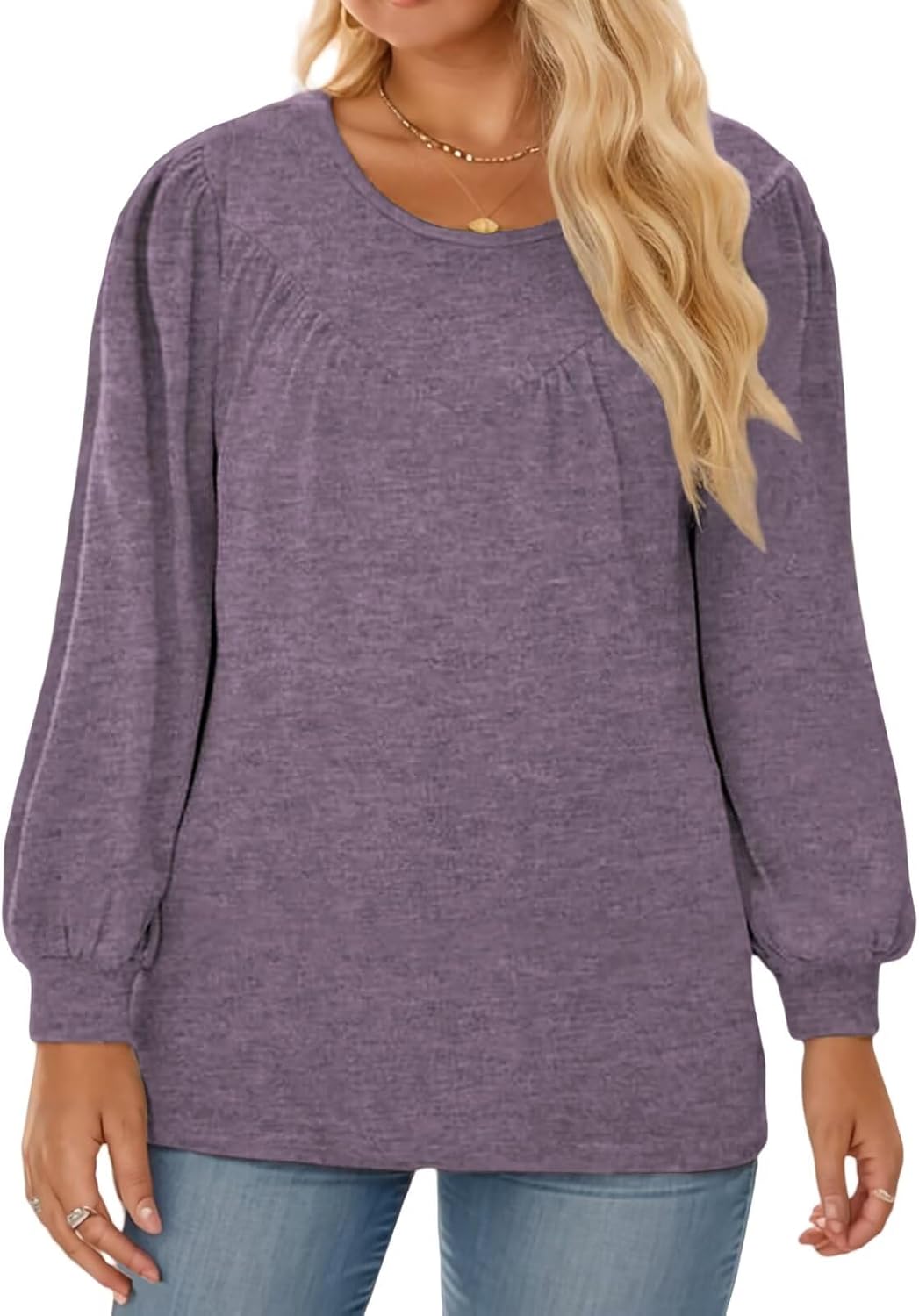 DOLNINE Womens-Plus-Size-Tops Trendy Puff Long Sleeve Shirts Cute Crewneck Pleated Blouses Lightweight Loose Fit Sweatshirts - Image 2