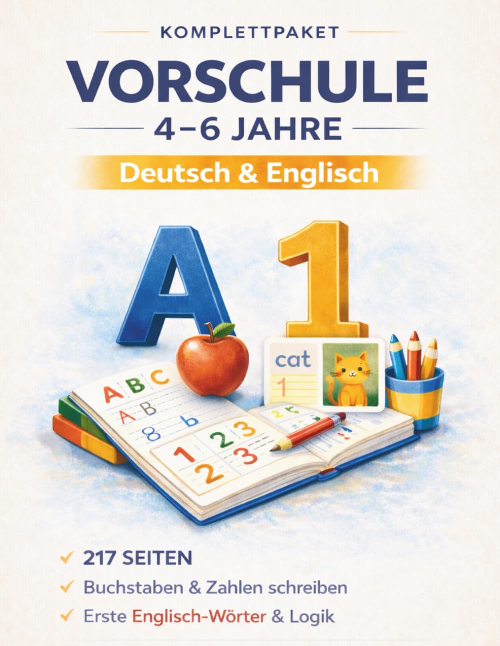 Vorschule 4–6 Jahre – Deutsch & Englisch: 217 Seiten Arbeitsbuch mit Buchstaben & Zahlen schreiben, Rechnen (Plus & Minus mit Bildern) Schwungübungen, ... – Ideal für Kindergarten & Vorschule