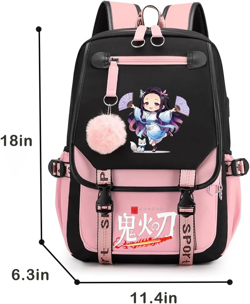 Anime Backpack for Girls, School Backpack with USB Port, Casual Daypack for Anime Lovers, Travel & Daily Use (Black&Pink-C)