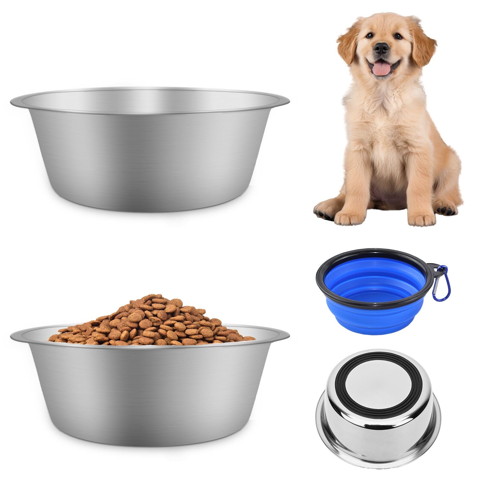 ELISABE Stainless Steel Dog Bowls 2 Pack, Dog Food Water Bowls with Non Slip Bottom, Metal Pet Feeding Bowls for Small Medium Dogs, 860ML