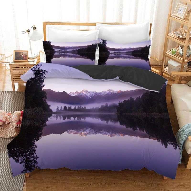 Housse de Couette 220x240 Lac Pourpre en microfibre avec 2 taies d'oreiller pour lit adulte