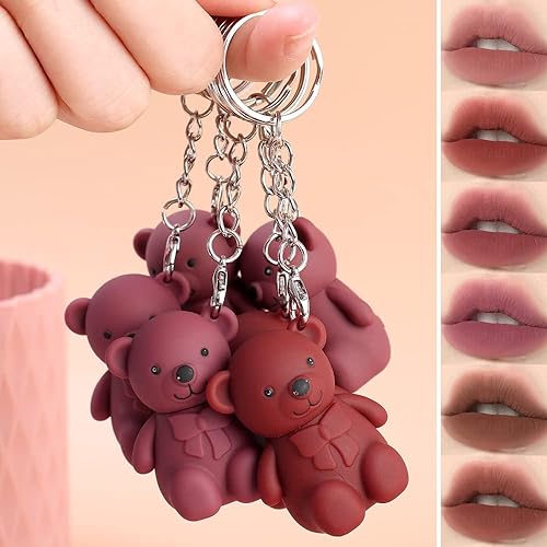Miniatura 3 de Labiales 2 en 1 con llavero de oso, 6 lápices labiales de oso, brillo de labios de terciopelo mate en niebla, hidratante para labios, impermeable,