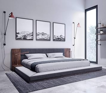 Limari Home Cimarron Collection Modern Fabric Upholstered Walnut Veneer Finished Platform Bed with Built-in Nightstands, California King, Gray, Brown