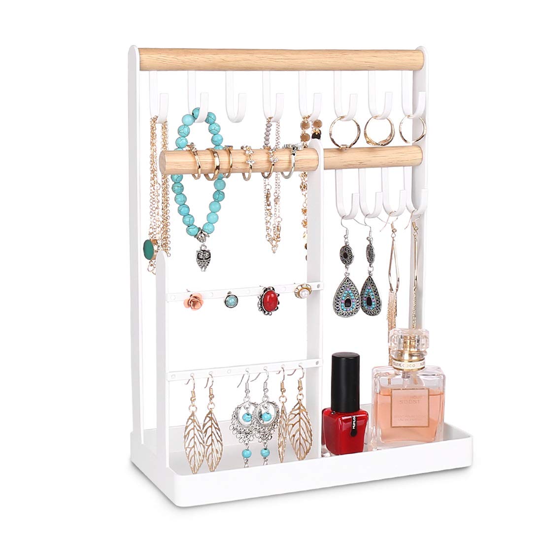 BLYPHOOJewelry Display Stand Organizer Holder: Premium Jewelry Display Metal Tree Holder -Hanging Wooden Storage Stand for Necklace Ring – Upgraded Jewelry Organizer Stand with Tray, Jewelry Organizer Holder