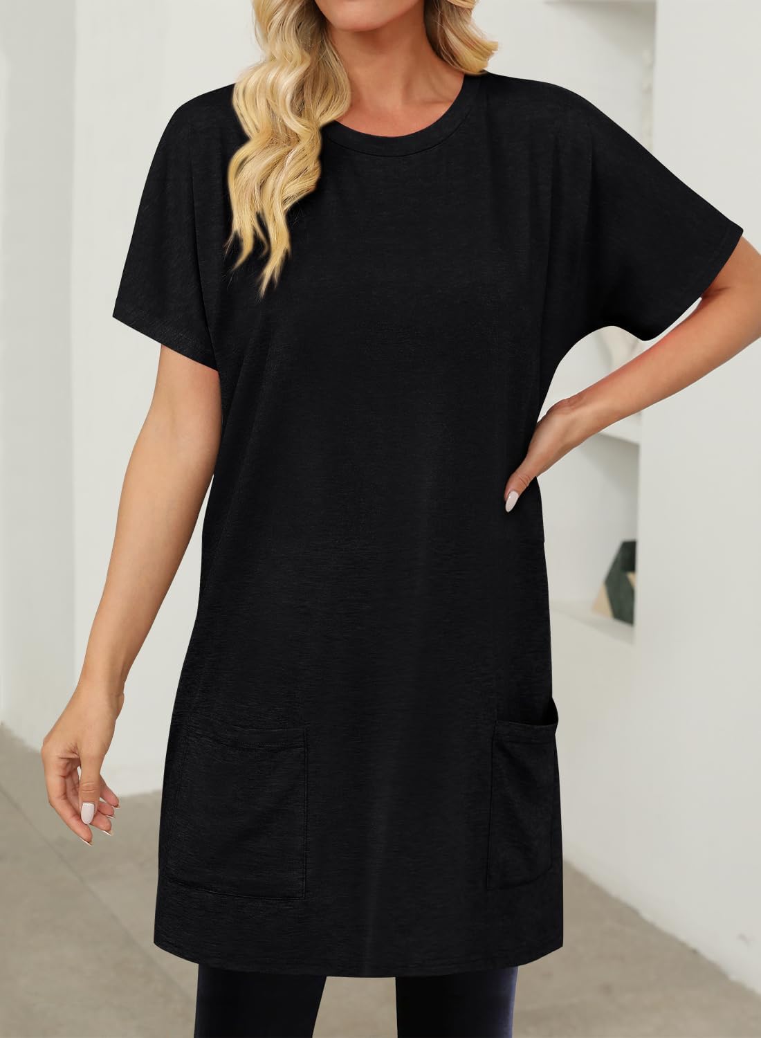 KISSMODA Womens Summer Tunic Tops for Leggings Casual Short Sleeve Long Shirts with Pockets - Image 4