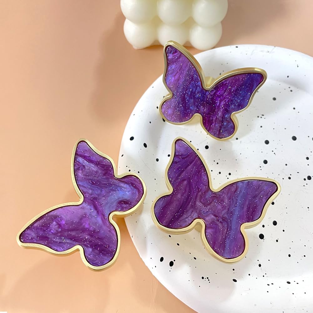 6 pcs Butterfly Cabinet Knobs Decorative Door Handle Single Hole Knobs for Kitchen Cupboard Dresser Drawer Wardrobe Bedside Table Bathroom Furniture Hardware (Purple)