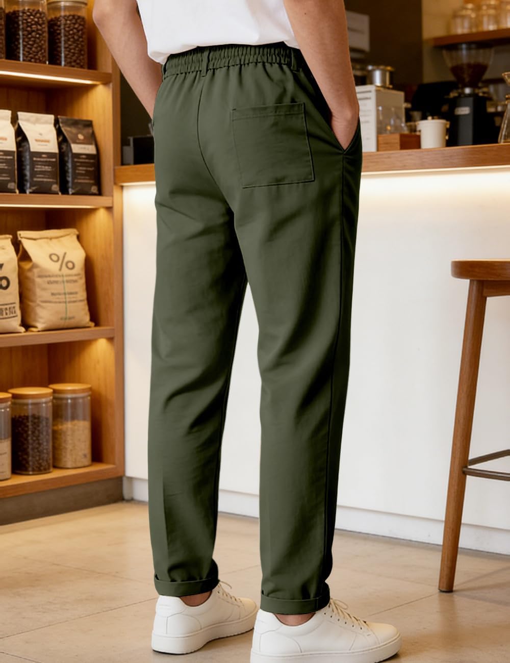 Mens Casual Chino Pants Elastic Waist Lightweight Trousers Classic-Fit Pants with Pockets - Image 4