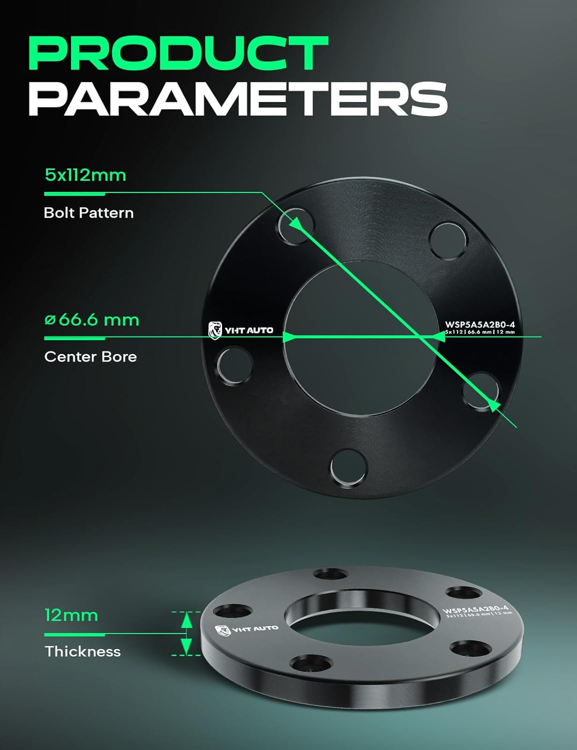 YHTAUTO 5x112mm Wheel Spacers 12mm w/o Bolts Fits Audi A4 A5 A6 Q5 RS5 S4 S5 S6 S7 S8 SQ5, Tire Spacers, 66.6mm Center Bore 5 Lug 4PCS Black