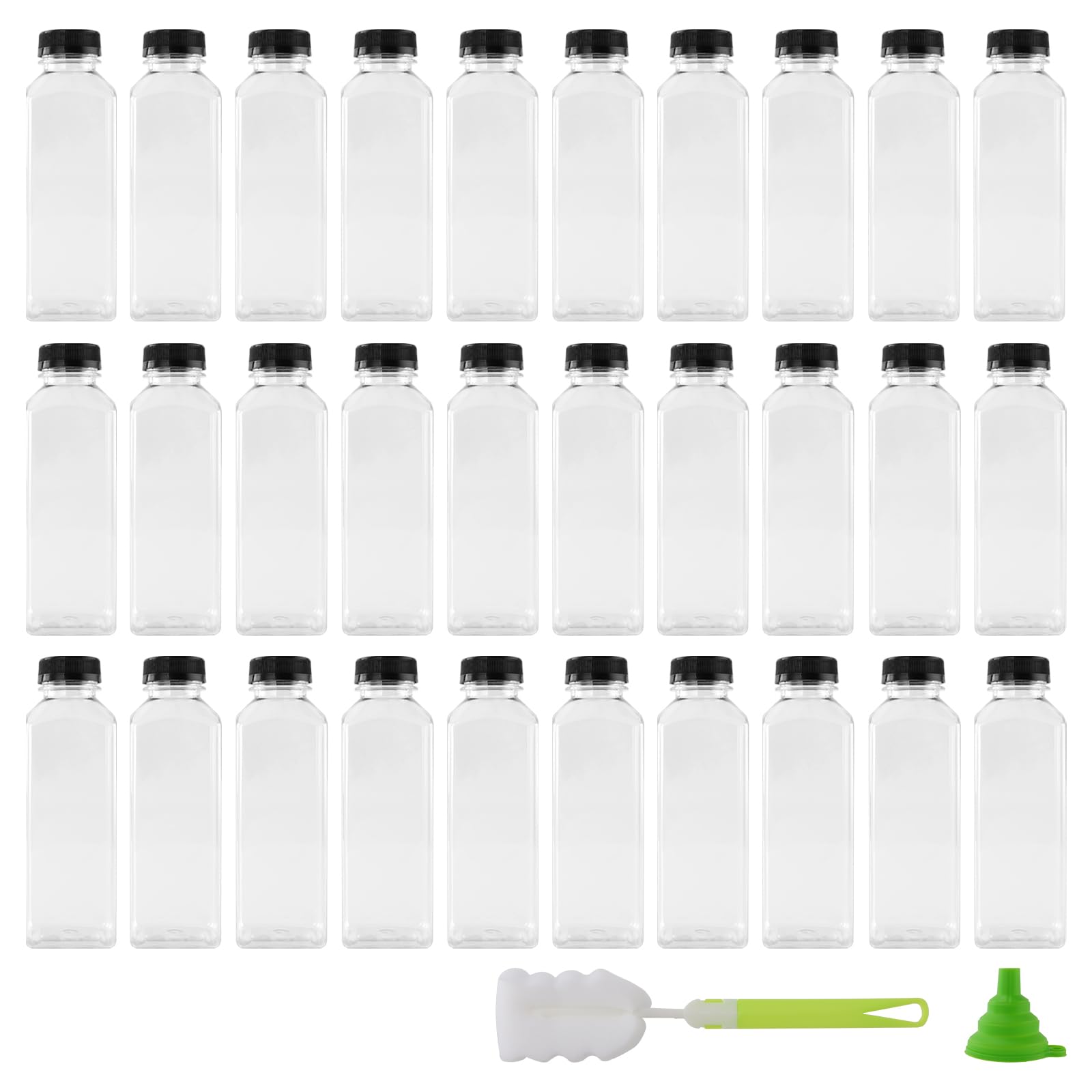FUNSUEI 30PCS 500ml Plastic Juice Bottles with Lids, 16oz Empty Reusable Drink Containers with Funnel & Brush, for Smoothie, Juice, Other Beverages