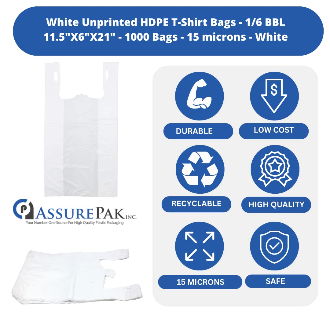 Bolsa de plástico estándar blanca lisa para camiseta de 29,2 x 16,5 x 54,6 cm, 15 micrófonos, 1000 bolsas/funda, White, 11.5"x6.5"x21.5", Clásico