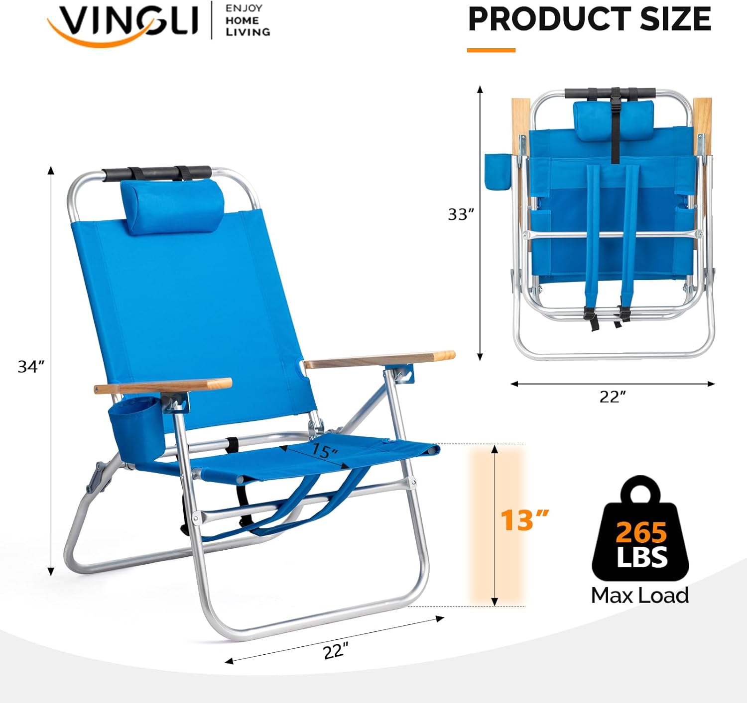 VINGLI 13" Aluminum Backpack Beach Chair – Tall Beach Chairs for Adults, Portable with Adjustable Straps, 3-Position Reclining, Cup Holder, High Lightweight Beach Chairs for Beach，Camping, Picnic