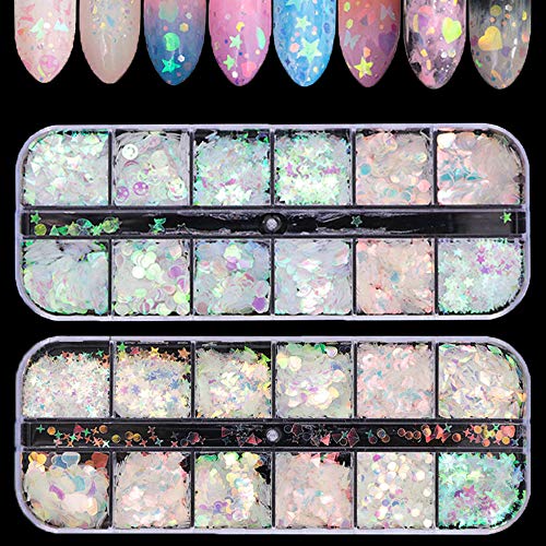 Tingbeauty 2Boxes 24Colors Holographic Nail Iridescent Sequins Colorful Flakes Nail Art Sticker Glitter DIY Decals Decoration for Face Body Eyes