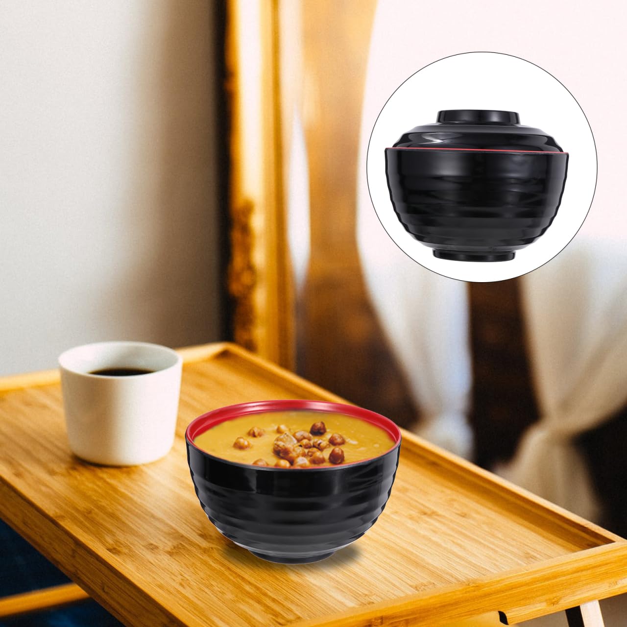 HEMOTON Miso Bol à soupe japonais avec couvercle, bol à riz japonais, bol à soupe en mélamine traditionnelle, 2 assiettes japonaises (15 x 15 x 11 cm). 5 cm)