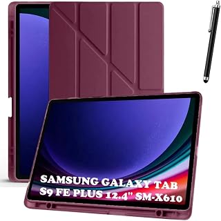 m.tk moveteck Samsung Galaxy Tab S9 FE Plus 12.4 ile Uyumlu Kılıf, Kalem Bölmeli, Katlanabilir Stand, Bordo