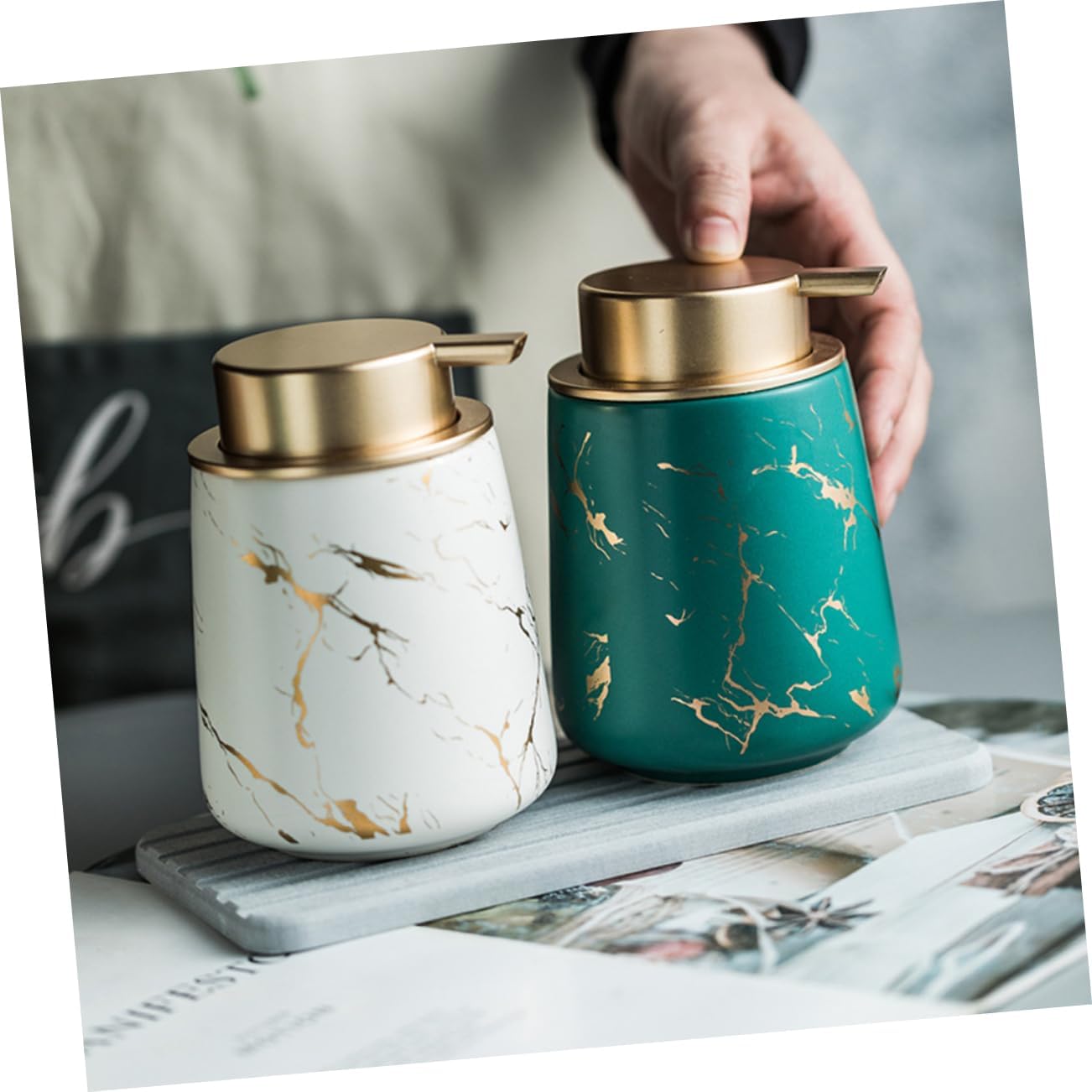 Ciieeo 1set Bathroom Washing Supply Set Dark Green Ceramic Toothbrush Holder Lotion Bottle and Soap Tray Marble Finish Bathroom Accessories for Neat Toothpaste and Brush Storage