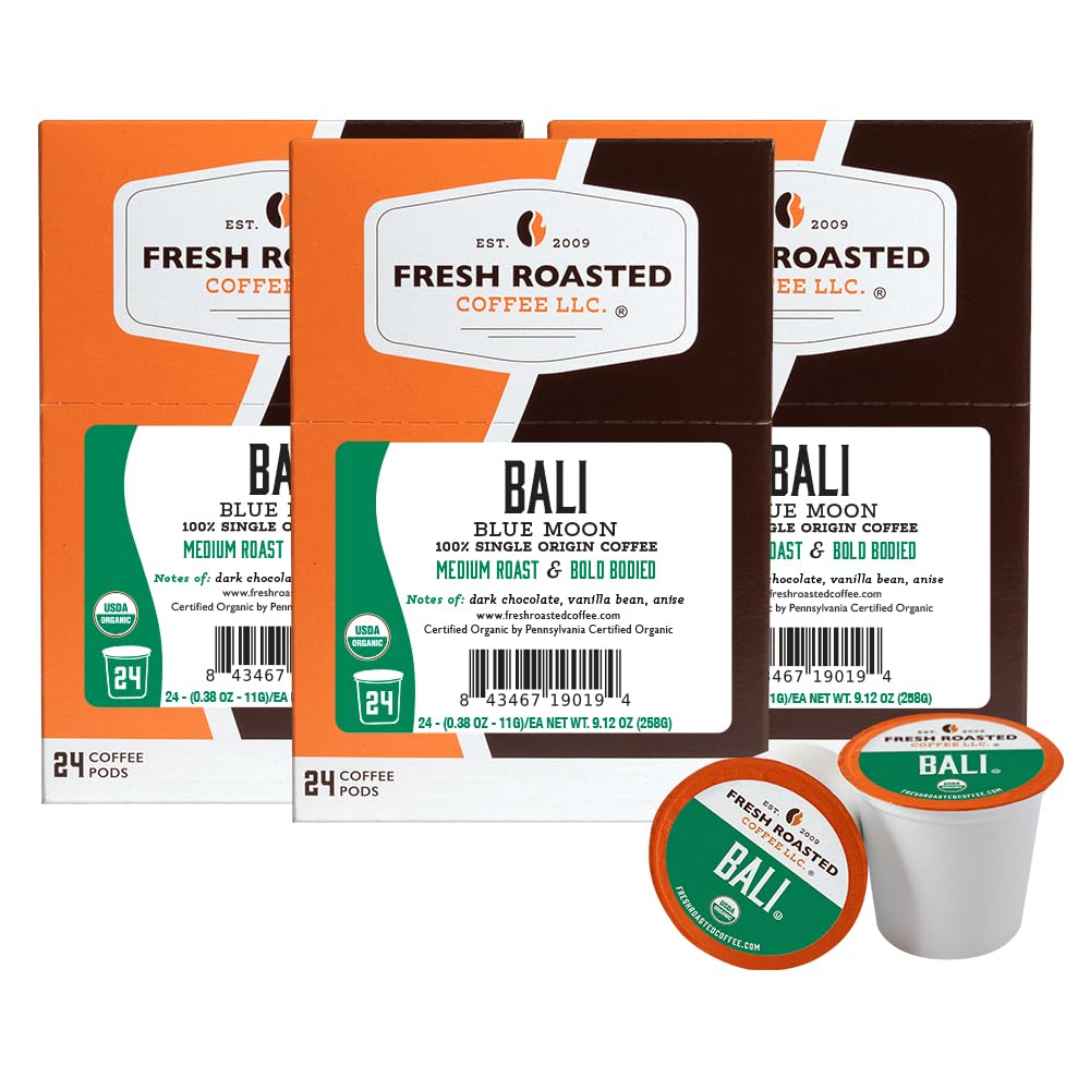 Fresh Roasted Coffee, Organic Bali Blue Moon | USDA, Kosher | Medium Roast 72 Pods for K Cup Brewers