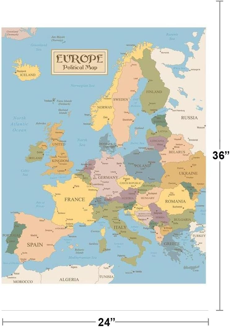 Map of Europe Poster Vintage European Maps With Countries Cities Travel Political Decor Cool Wall Art Print Poster 24x36